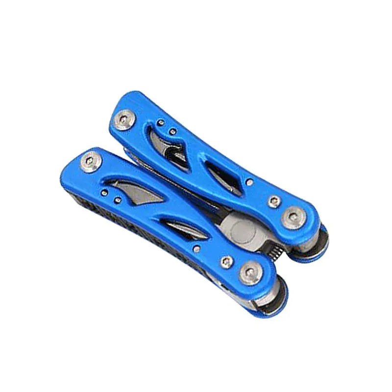 Blue folding multi-function pliers with fruit knife tool showing open and closed positions