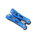 Blue folding multi-function pliers with fruit knife tool showing open and closed positions