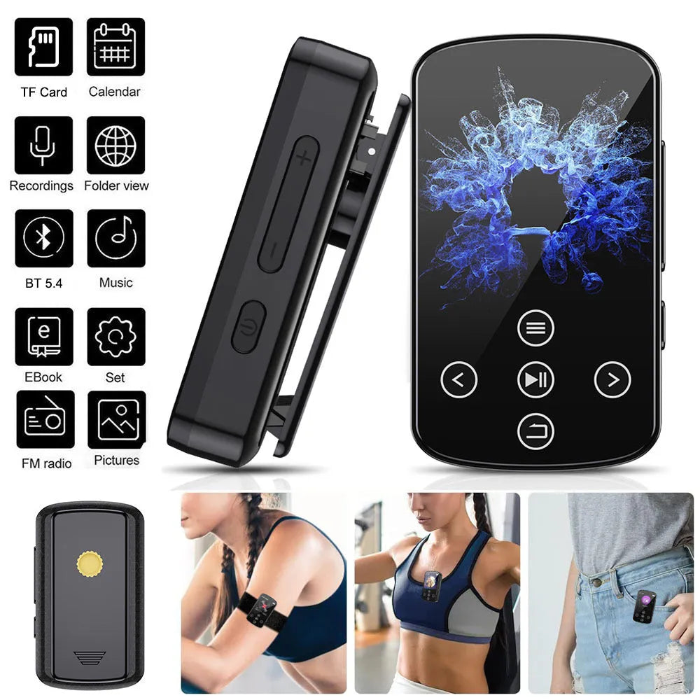 Black Bluetooth music player with 1.5-inch touch screen and buttons, 60x35x18mm