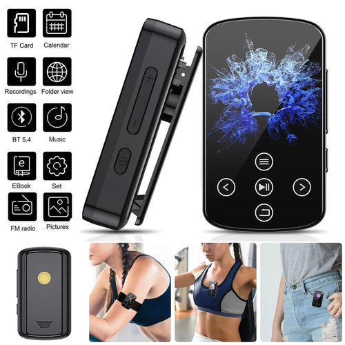 Black Bluetooth music player with 1.5-inch touch screen and buttons, 60x35x18mm