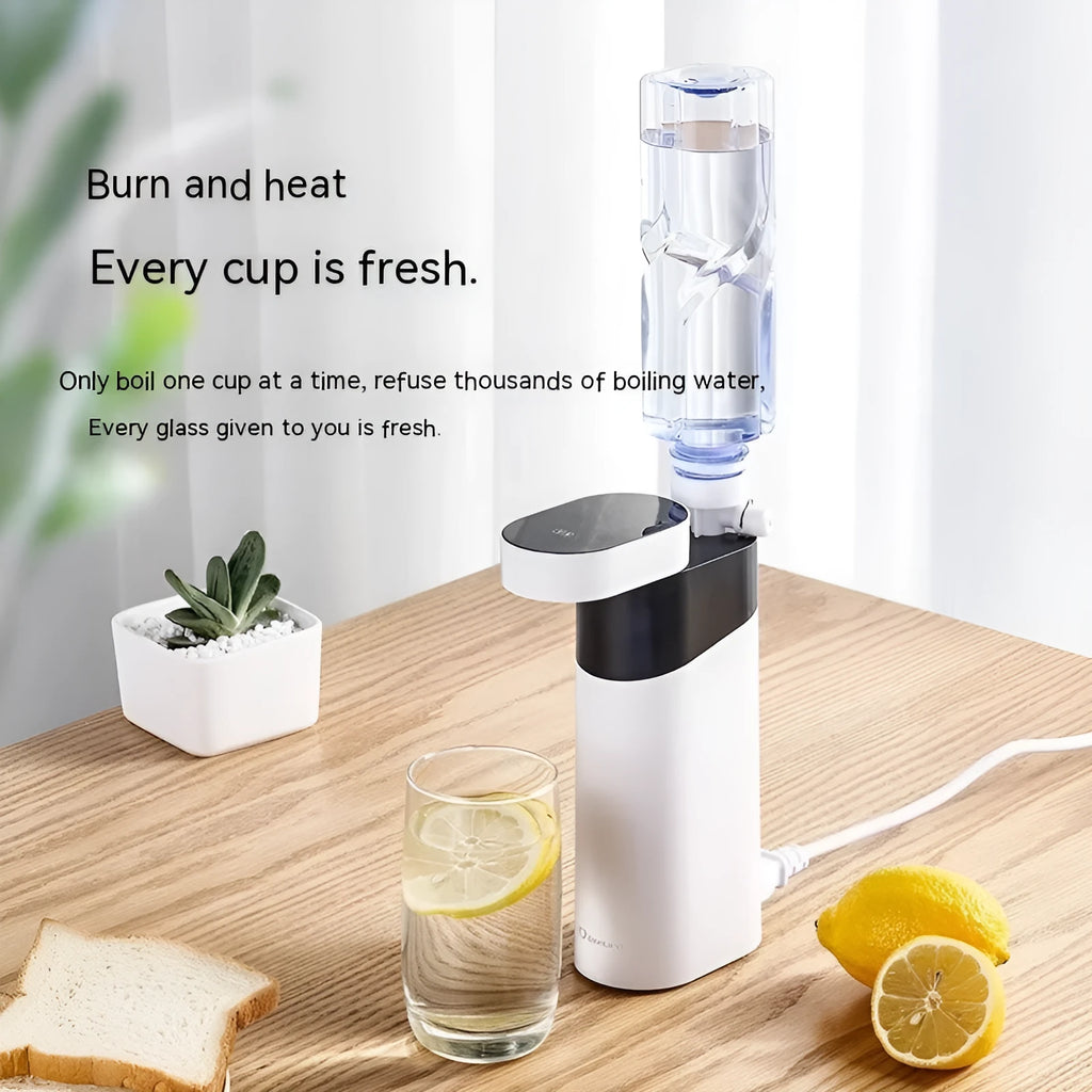 Black desktop water dispenser with digital display showing temperature settings and compact design