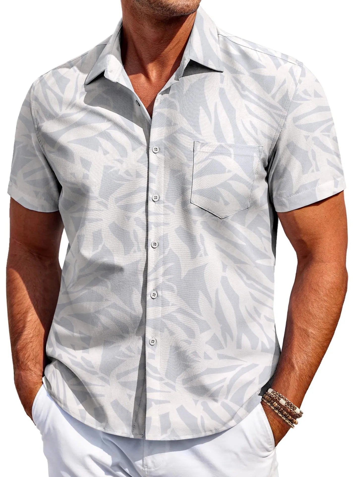 Men's slim fit Hawaiian short sleeve cardigan shirt in elastic polyester fabric on a model.