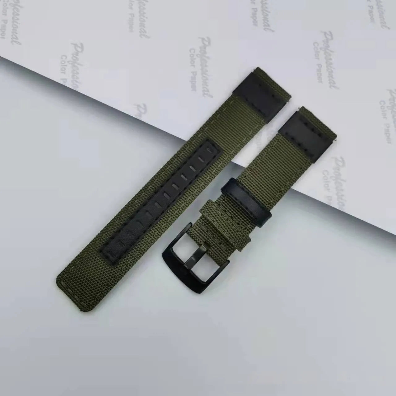 Oxford cloth replacement watch strap in army green showing short and extended length options for 20mm, 22mm, 24mm widths.