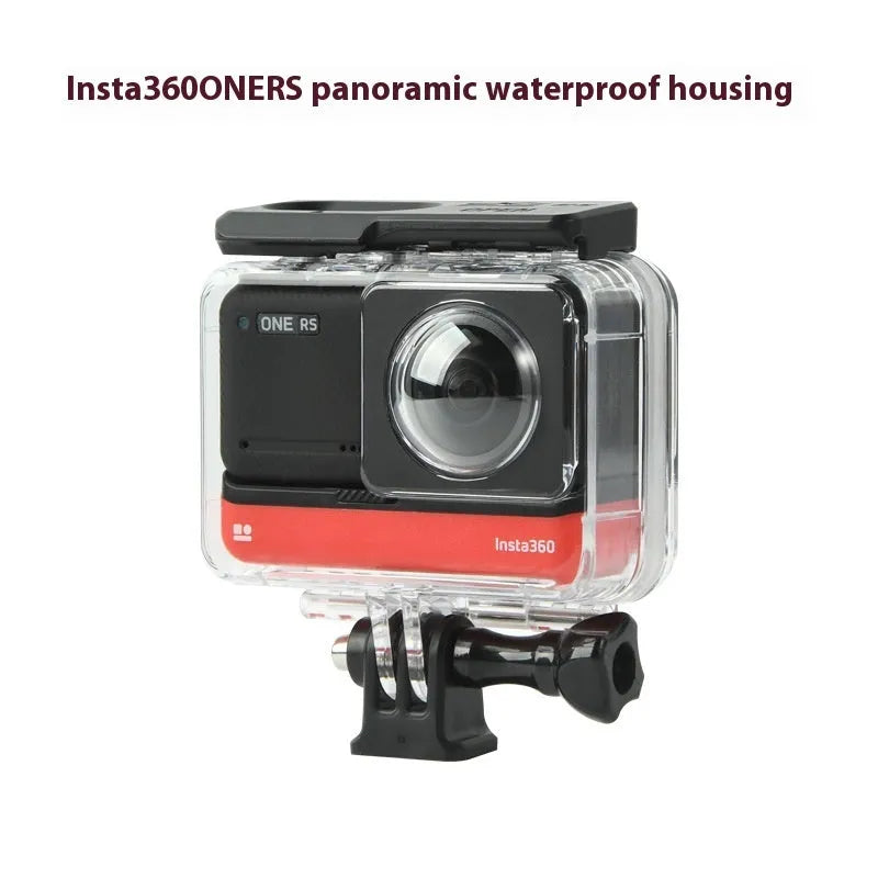 Transparent waterproof housing for Insta360 One RS panoramic camera showing clear plastic construction