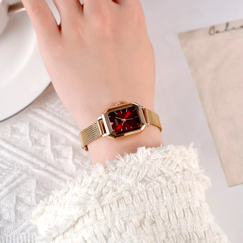 Women's square retro casual watch with rose gold shell case and leather strap in various colour combinations