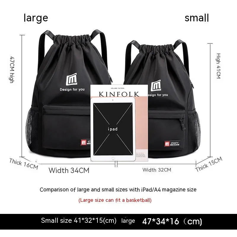 Oxford drawstring backpack in bucket shape with pull-cord closure and water-repellent fabric