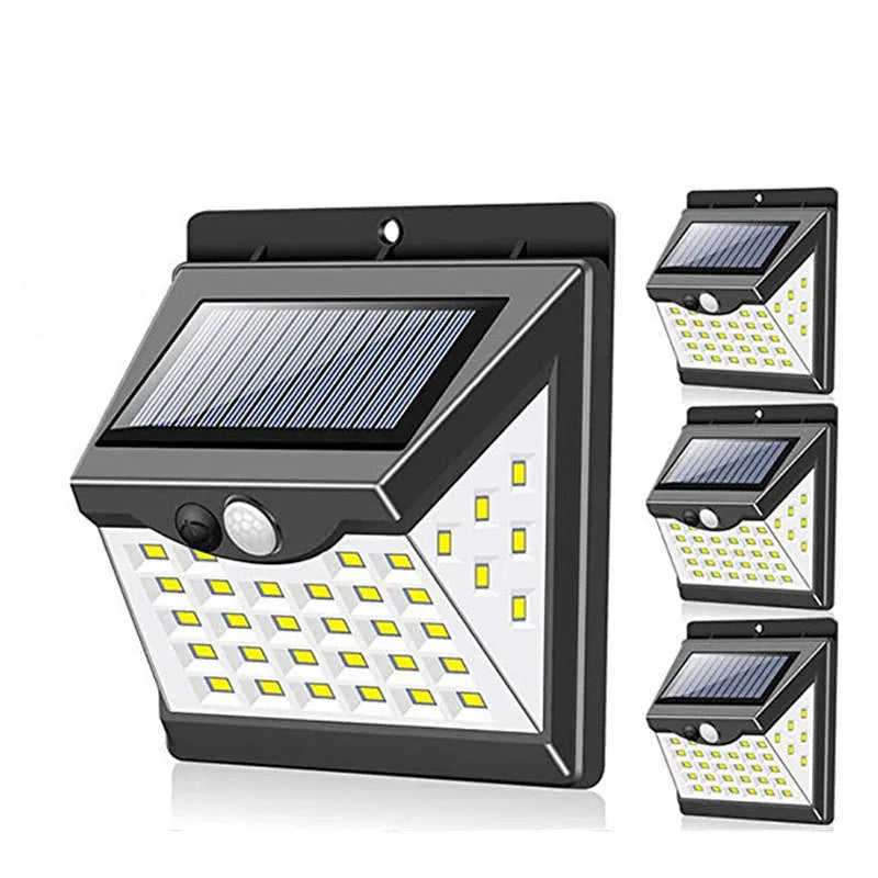 Household minimalist outdoor solar wall lamp with motion sensor and 40 LED patches on white background