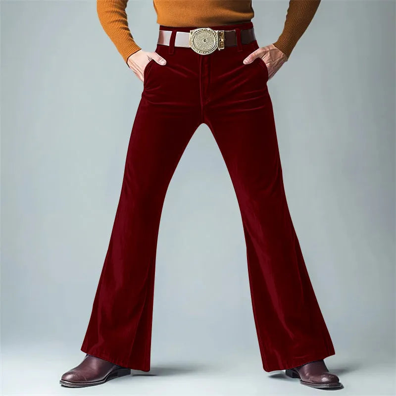 Men's gold velvet slim flared suit trousers in black, dark red, green, blue, khaki, brown or yellow