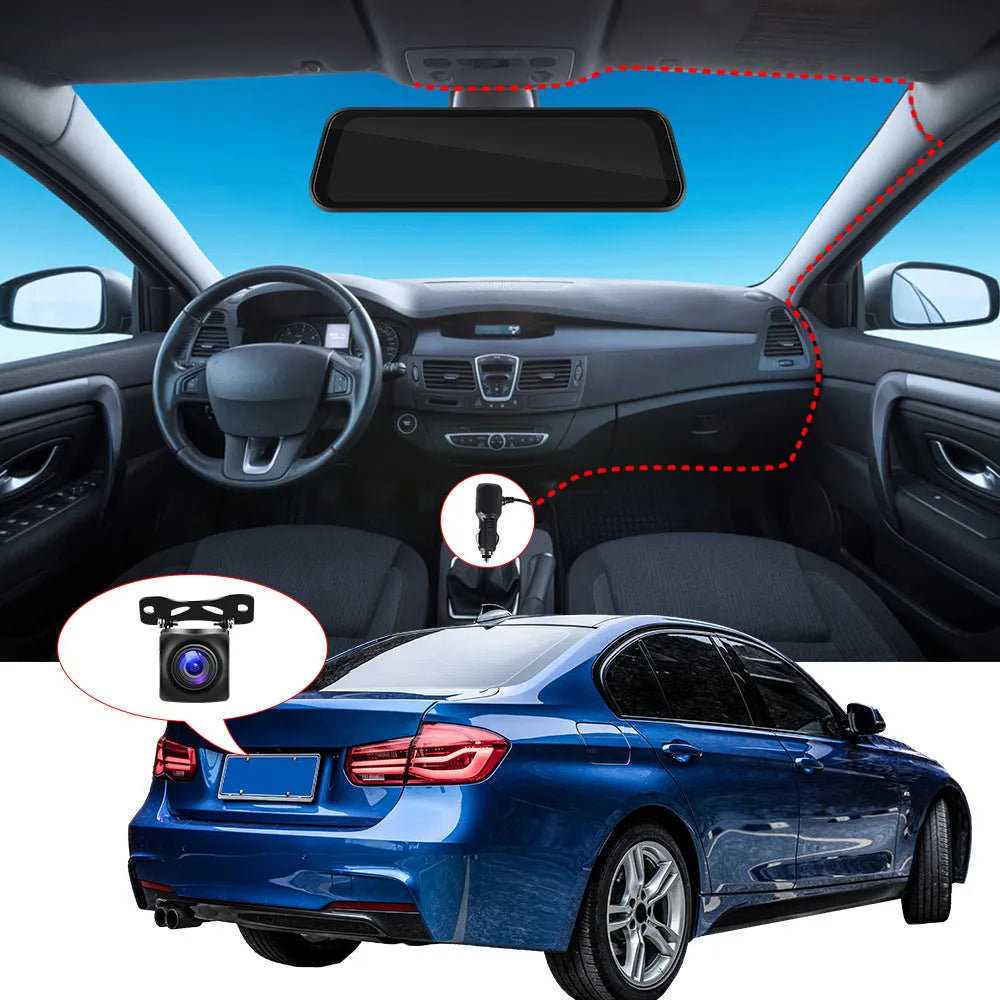 9.66 inch mirror-style car dash cam with HD screen showing video display and smartphone connectivity icons.