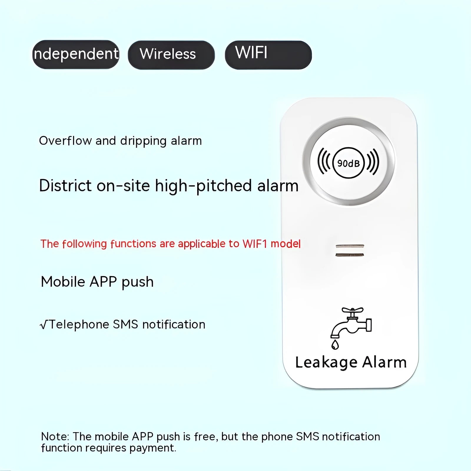 Overflow sensor independent alarm with Graffiti Wi-Fi for water leak detection in homes and warehouses