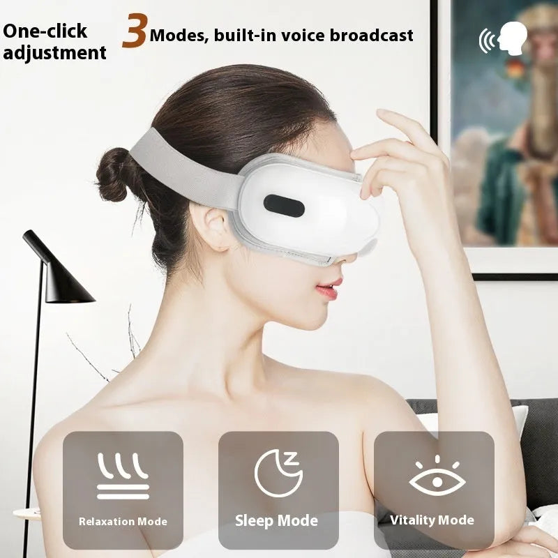 White household eye massager with hot compress and airbag massage functions showing 140mm dimensions