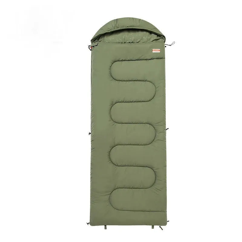 Ochre and olive green portable cotton camping sleeping bag with carry case.