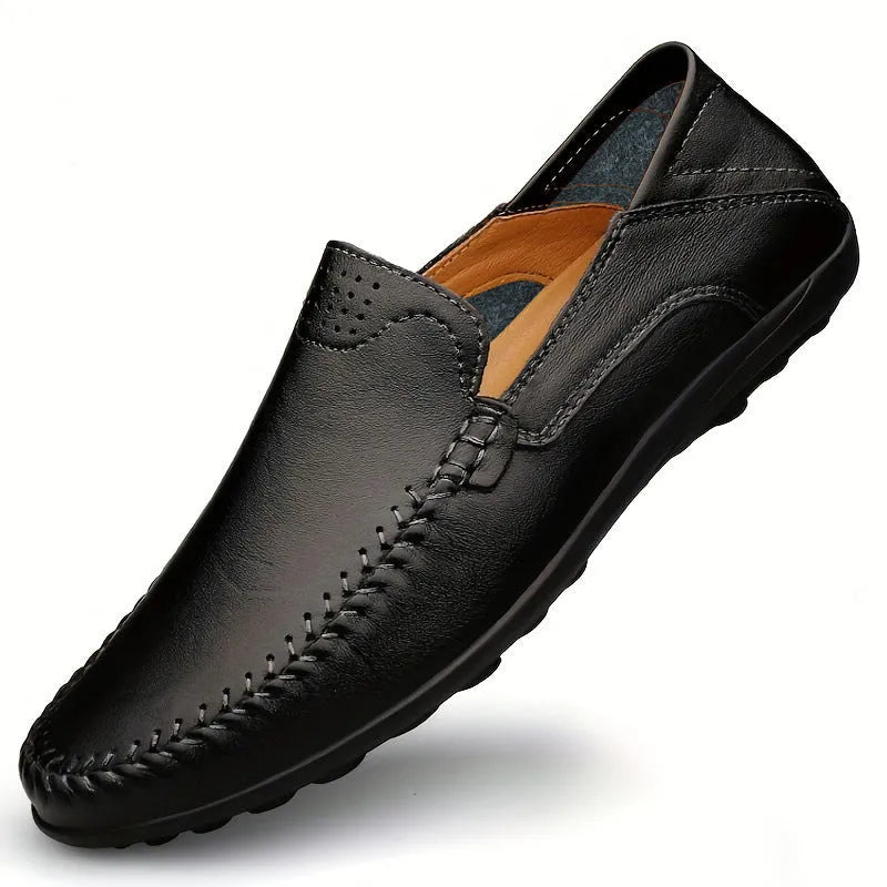 Men's cowhide leather shoes with round toe and flat heel in black, brown, and dark brown colour options