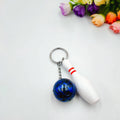 Miniature bowling alley simulation keychain pendant in blue colour with metal key ring