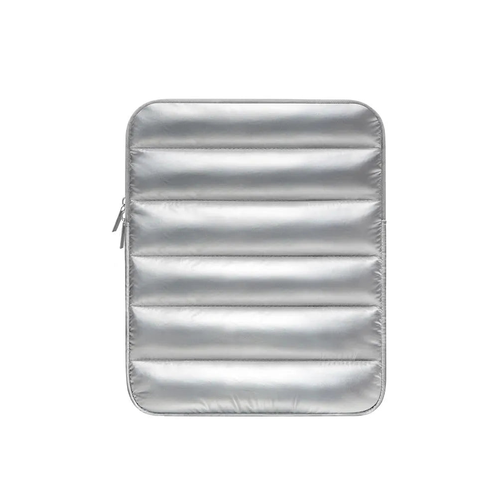 Black puff bag laptop sleeve with elastic sides for a 9.7 to 11 inch MacBook.