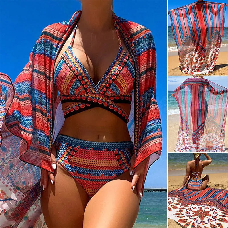 Women's three-piece split-style swimsuit set with high-waisted briefs and a cover-up coat