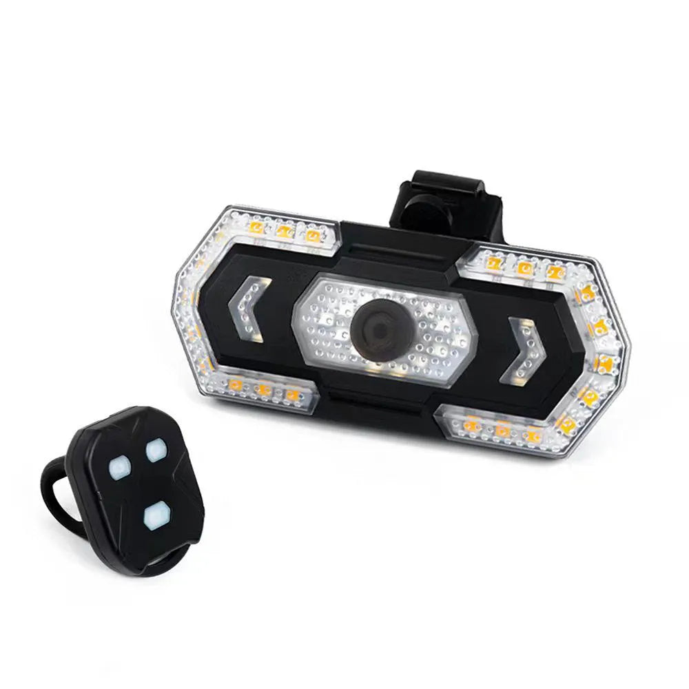 Black wireless remote control motorcycle turn signal taillight with USB charging port.
