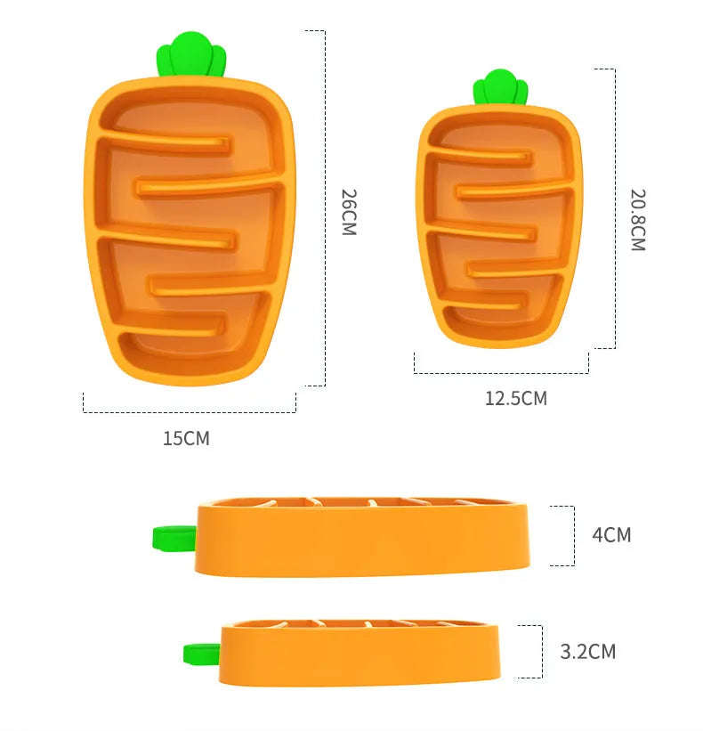 Carrot design slow feeder dog bowl for small and medium dogs, non-slip, melamine and silicone, sizes S and L