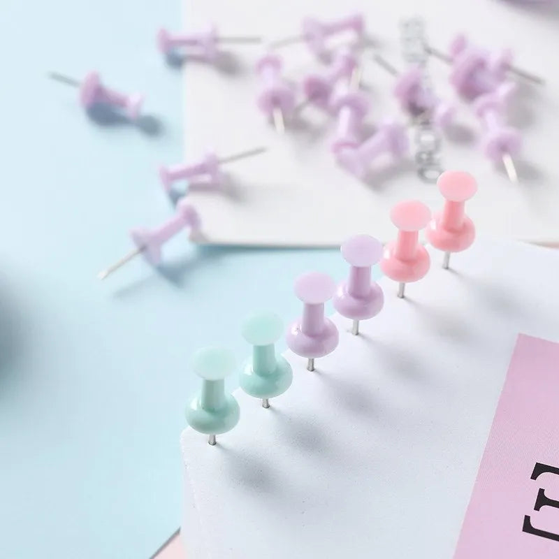 Plastic push pins in cherry blossom pink, mint green, and lavender colours, showing both large and small sizes on a white surface