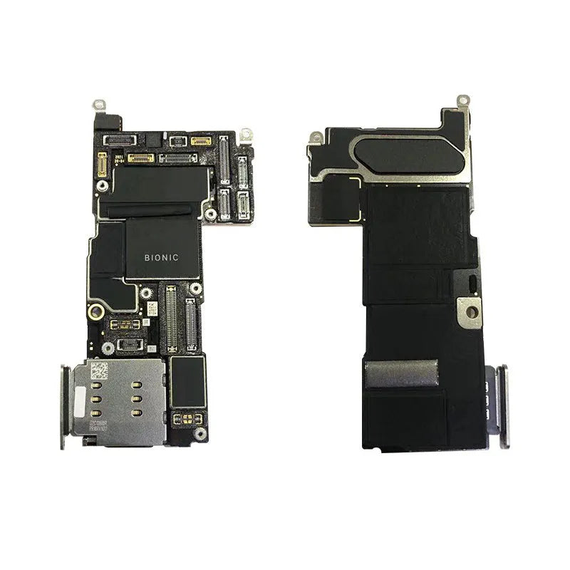 Silver iPhone logic board spare part for iPhone 12, 12 mini, 12 Pro, and 12 Pro Max repair