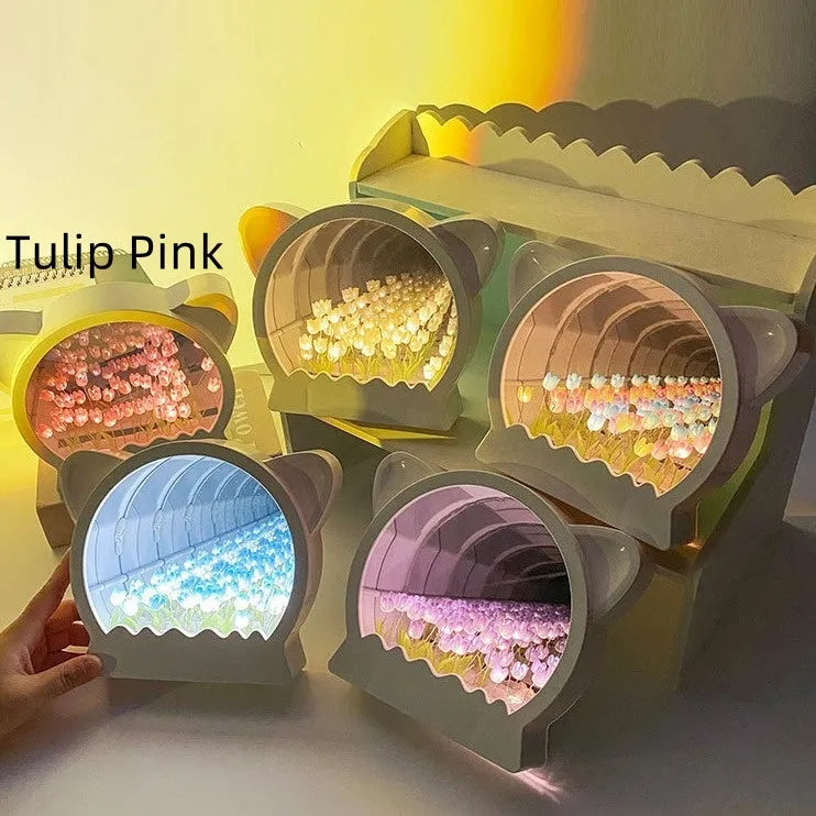 DIY cat-shaped night lamp kit with colourful tulip flowers for assembly and home decor