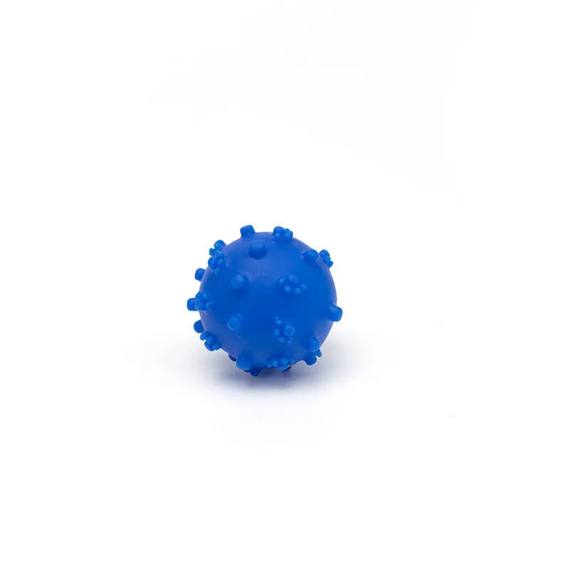 Set of four bright blue, green, pink, and yellow 2-inch squeaky dog toy balls with a textured, dimpled surface.