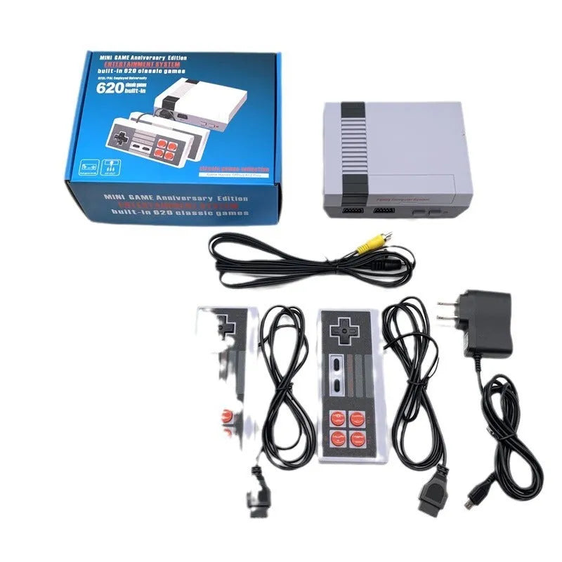 Compact black 8-bit NES retro game console with two rectangular controllers on a white background.