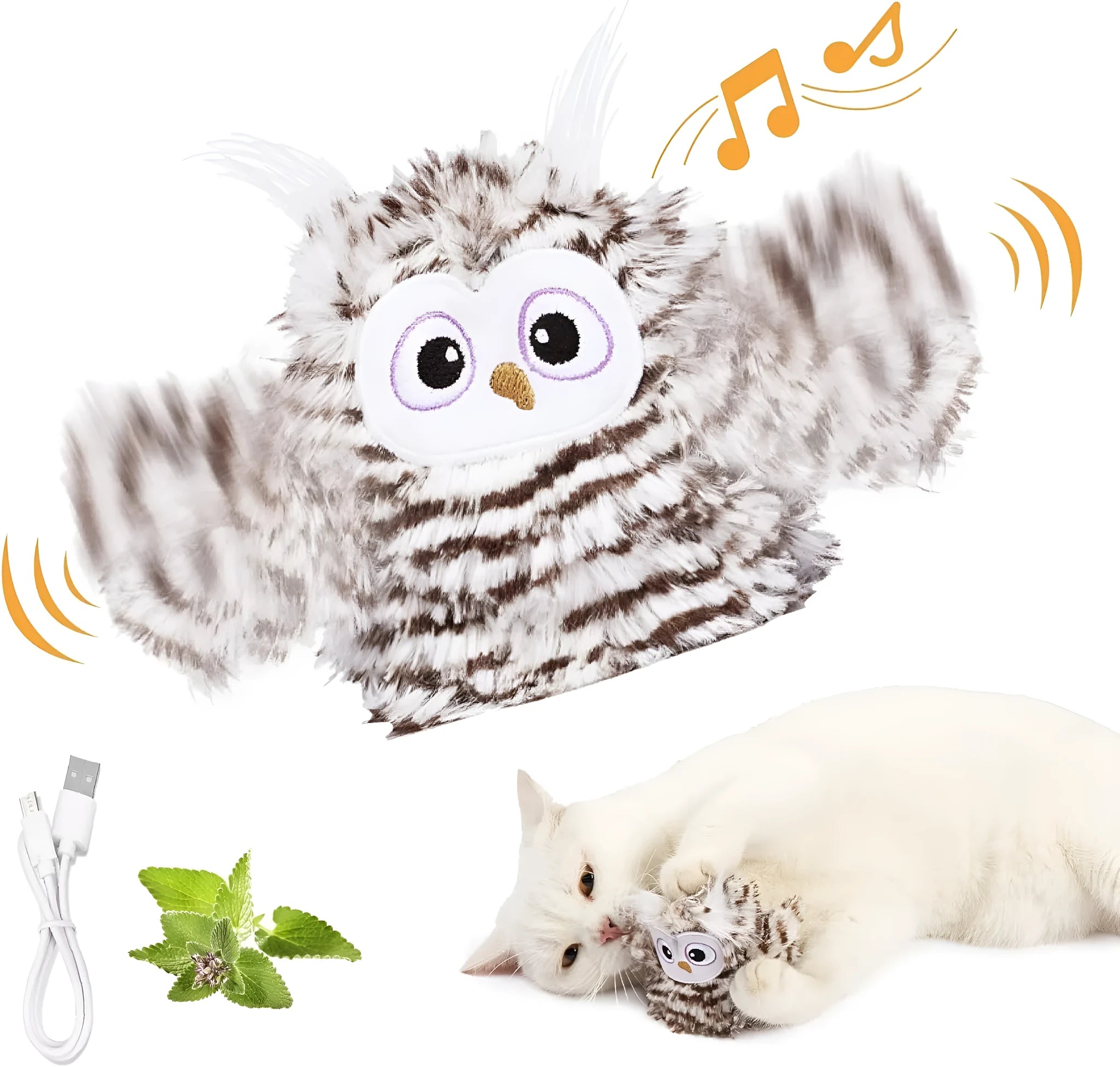 Grey automatic owl cat toy with flapping wings on a flat surface