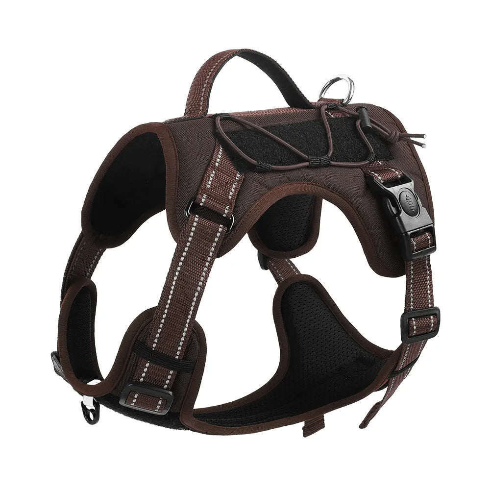 Orange reflective dog harness with explosion-proof design and a black hand-holding rope attached.