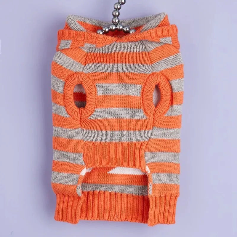 Orange striped knitted pet sweater with hood and fur ball trim for small dogs or cats