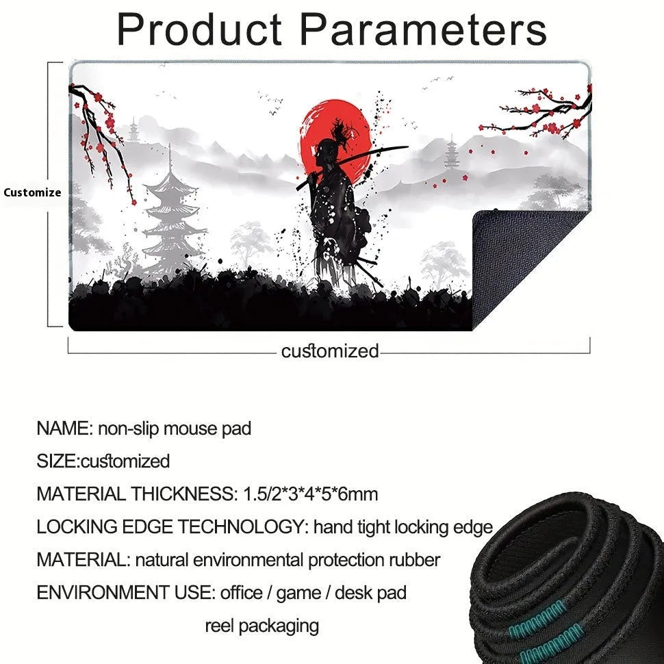 Japanese samurai pattern gaming mouse pad on desk with computer mouse