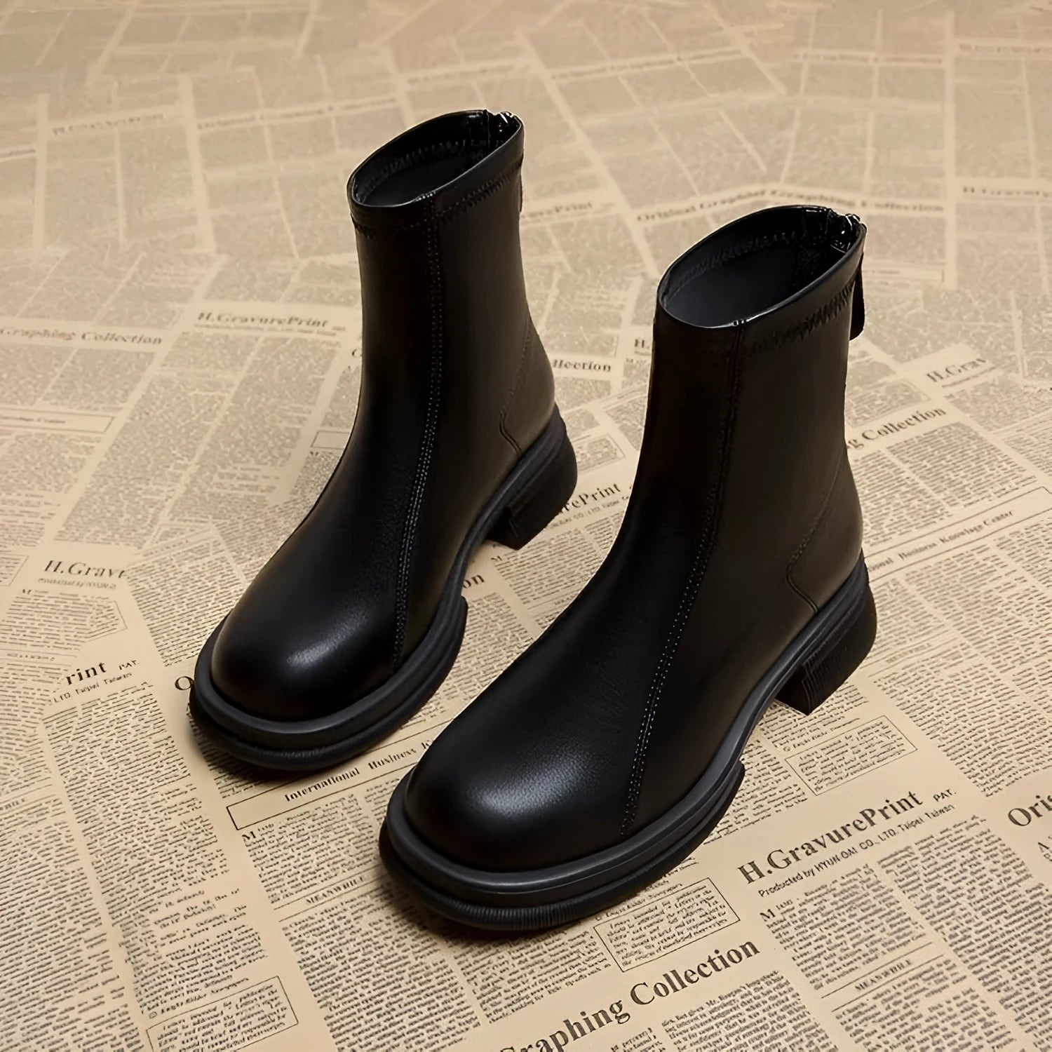 Women's black flat heel ankle boots with back zipper and round toe design