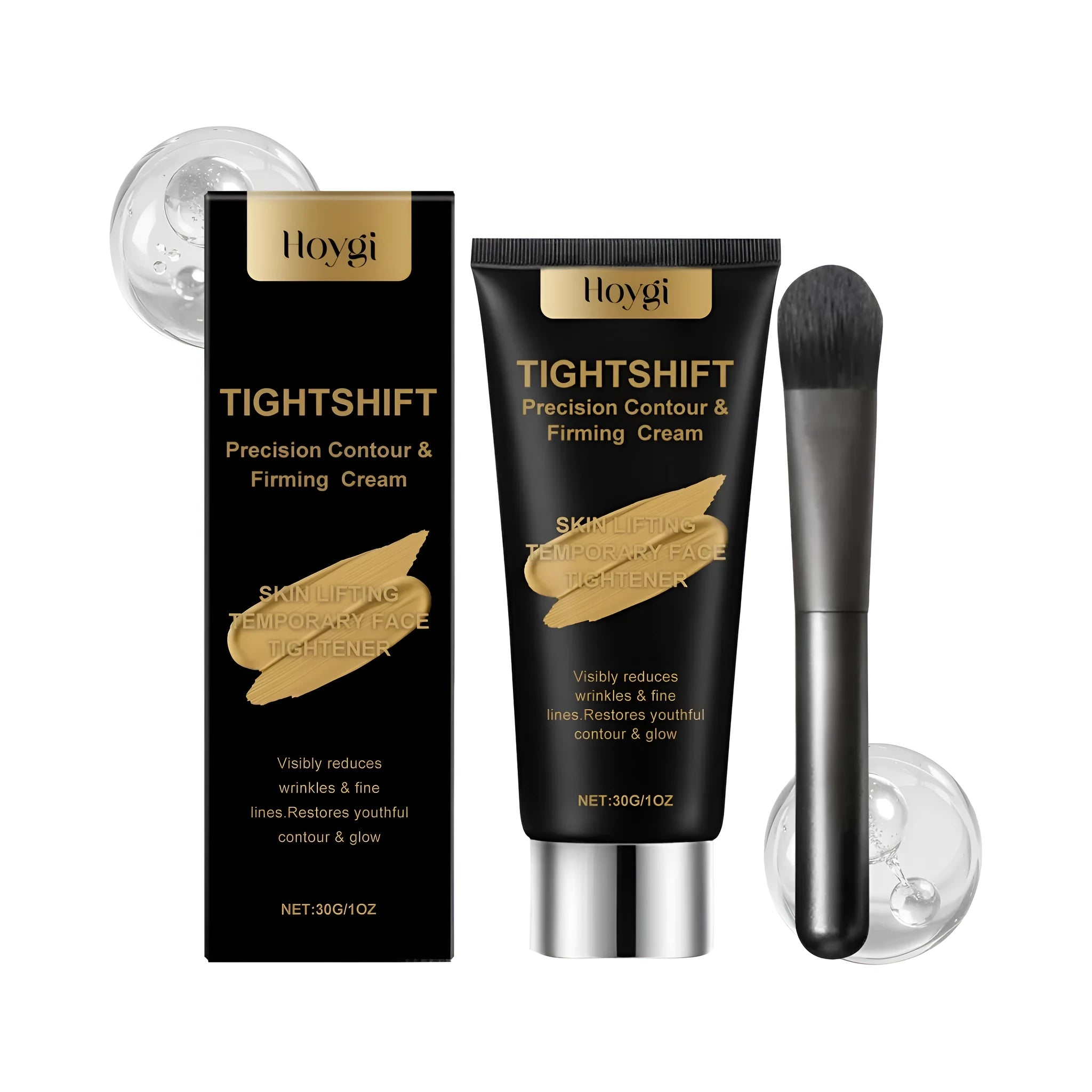 30g jar of light-textured moisturising and firming cream with hyaluronic acid and a separate application brush.