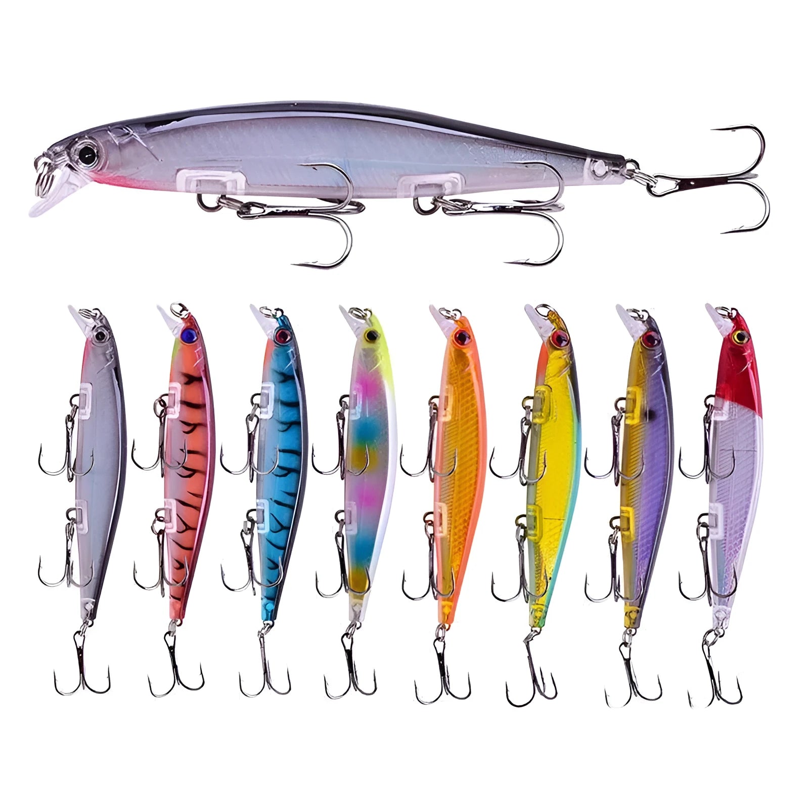 Tossing Submerged Suspended Mino Lure soft plastic fishing bait, 11cm long, in assorted colours.