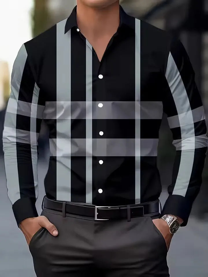 Men's striped long sleeve button down shirt with lapel collar in polyester fabric
