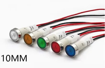 10mm stainless steel edge plastic indicator light with wire, shown in available colours: white, yellow, red, green, blue.