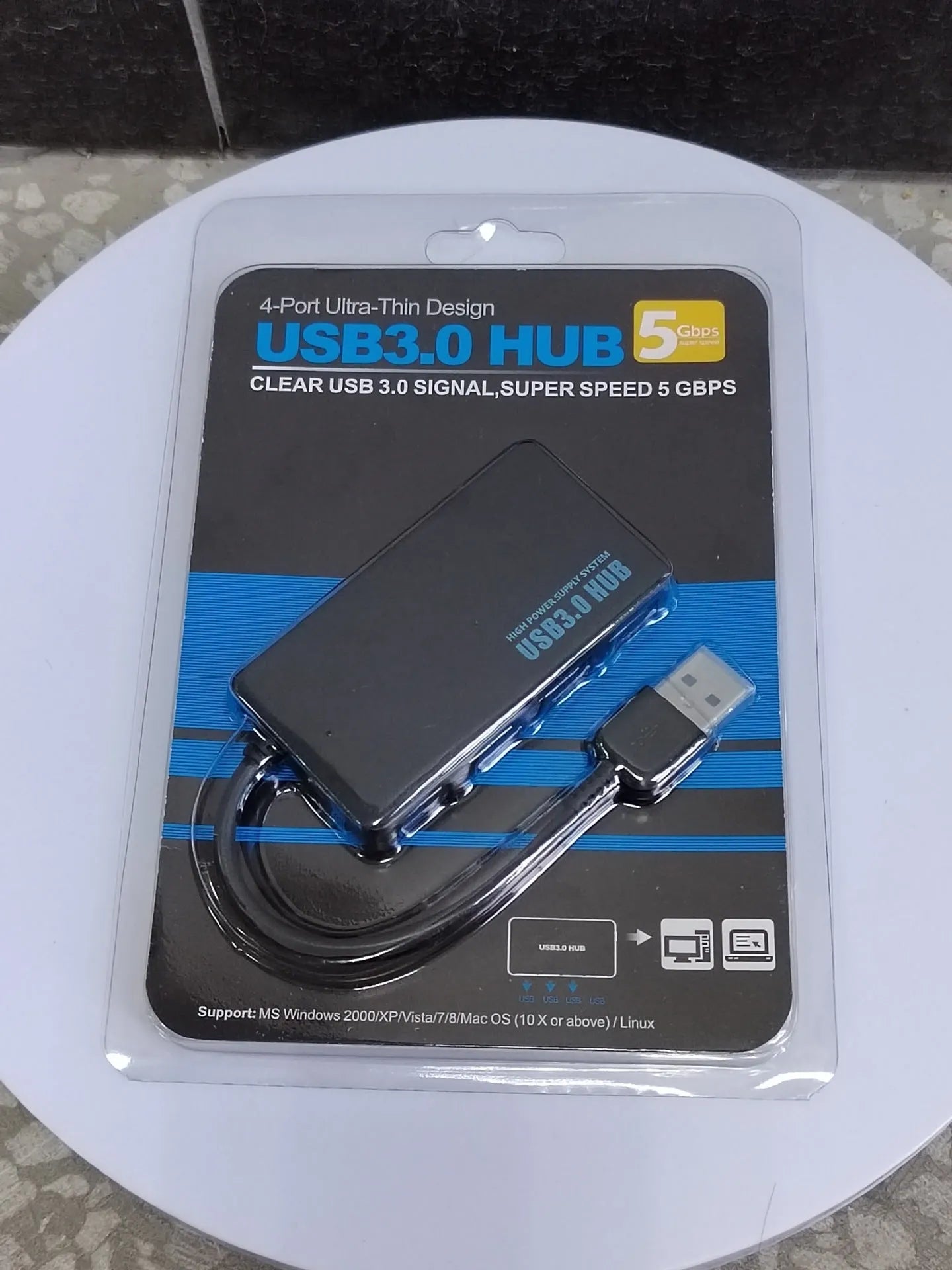 A white one-to-four-port USB hub with a 20cm cable, shown with USB-A and Type-C connector options.