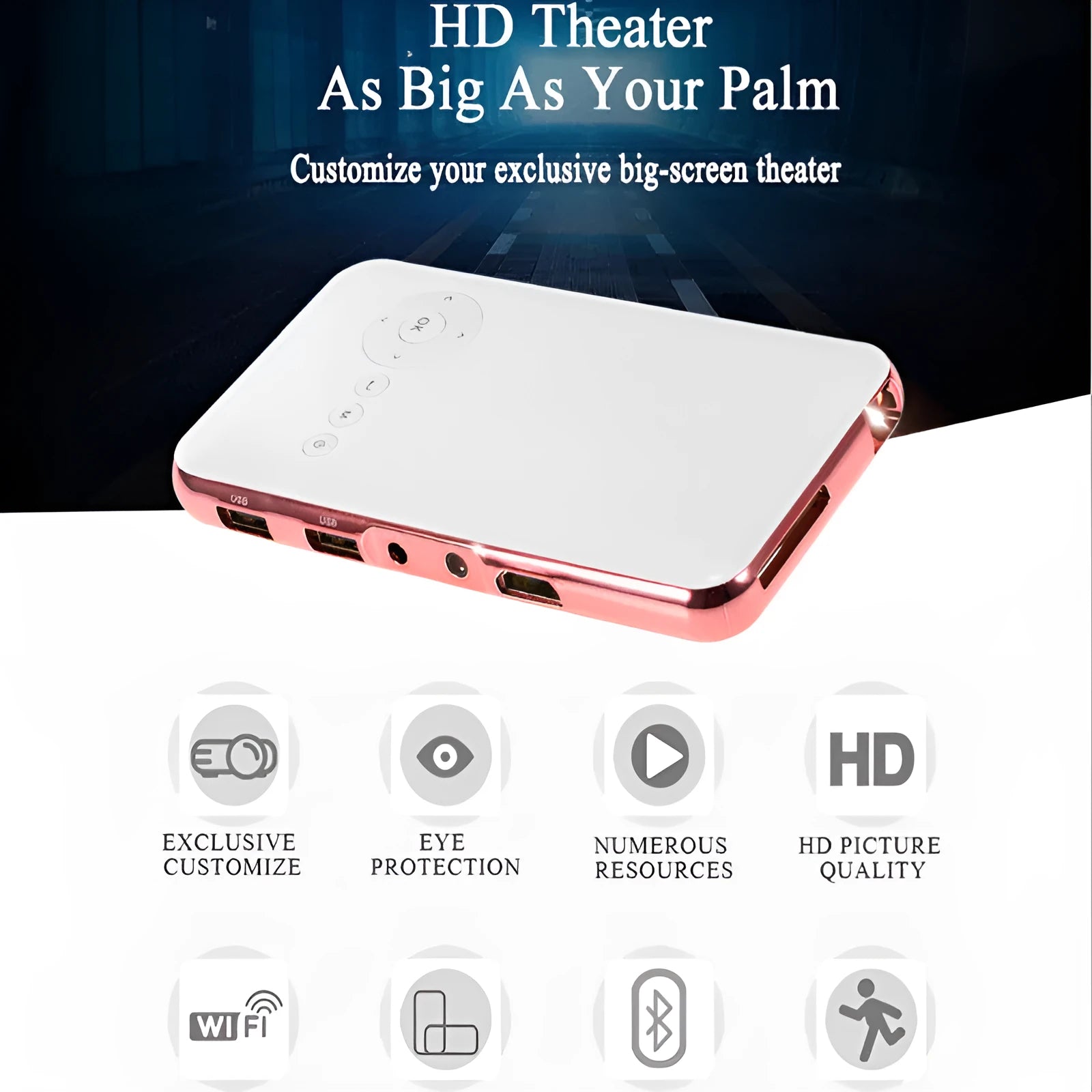White or rose gold miniature portable Android DLP projector with 32GB memory and 1080p output