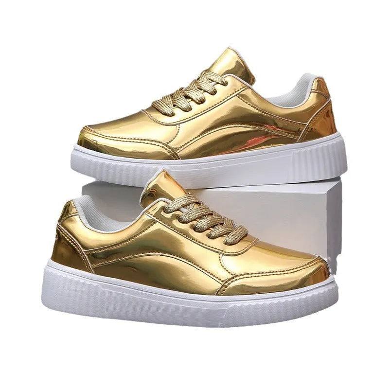 Rose gold platform sneakers with sequin details and a thick MD sole.
