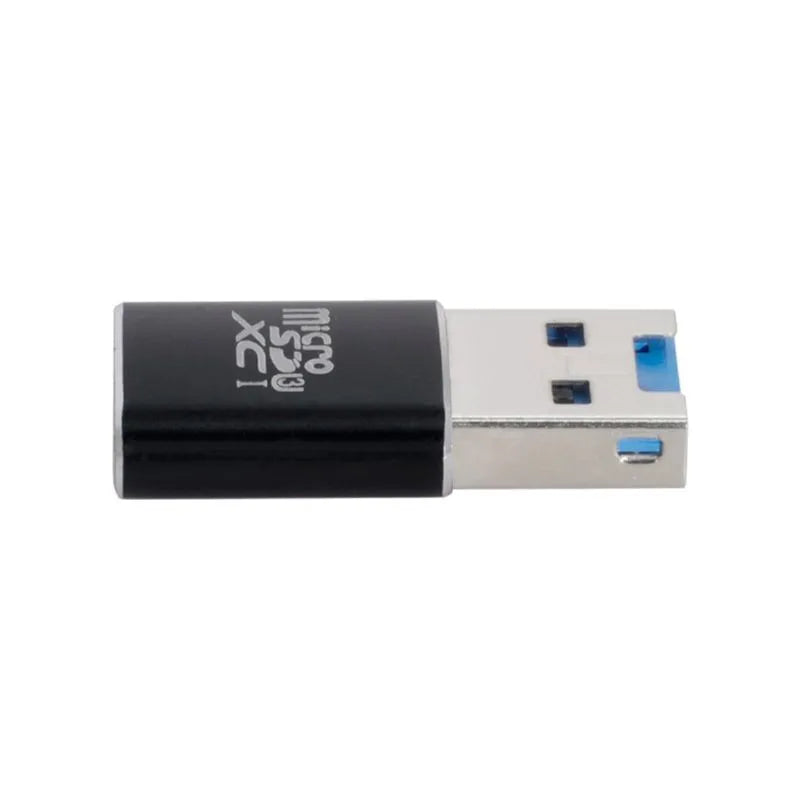 Black USB 3.0 card reader for SD and microSD memory cards on a white background.