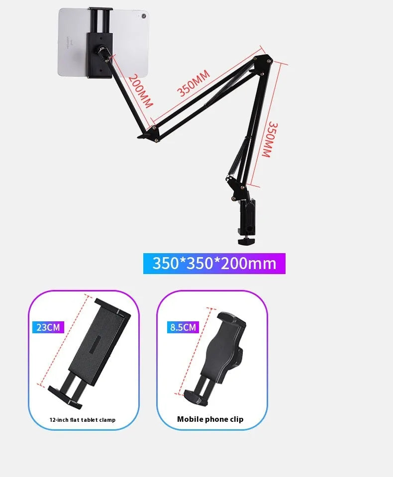 Black desktop tablet cantilever bracket with foldable metal construction and tablet clip