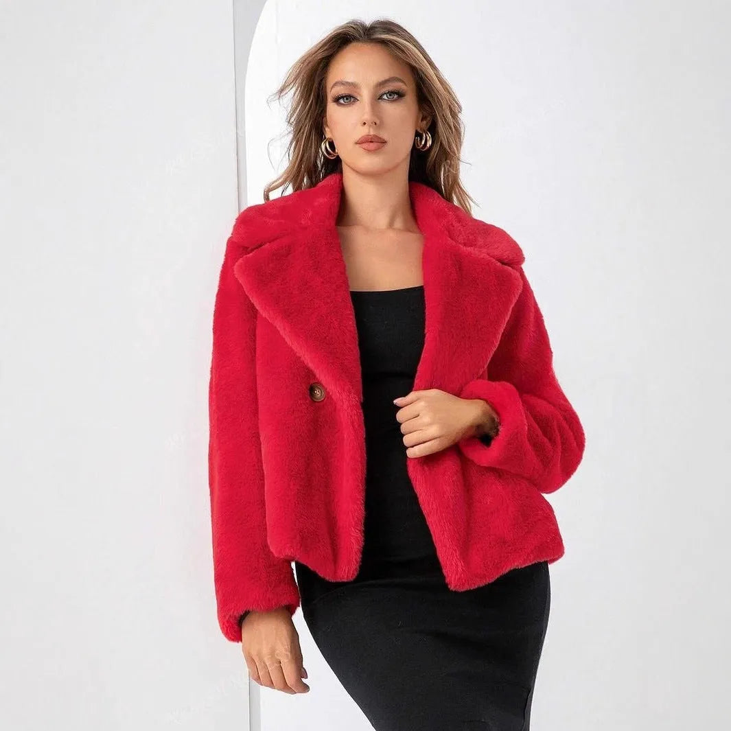 Women's short loose faux fur coat in rose red colour on a hanger.