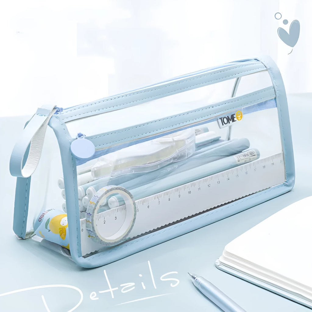 Transparent double-layer pencil case showing beige, blue, pink, purple colour options with 220x110x80mm dimensions
