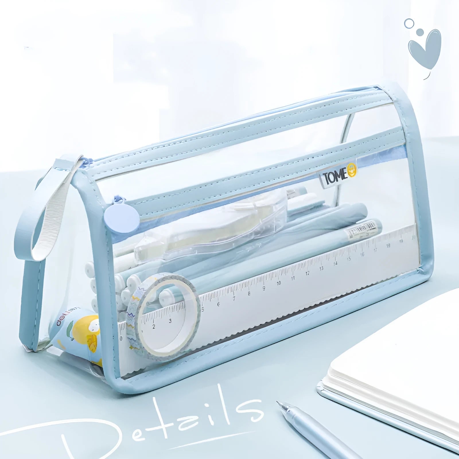 Transparent double-layer pencil case showing beige, blue, pink, purple colour options with 220x110x80mm dimensions